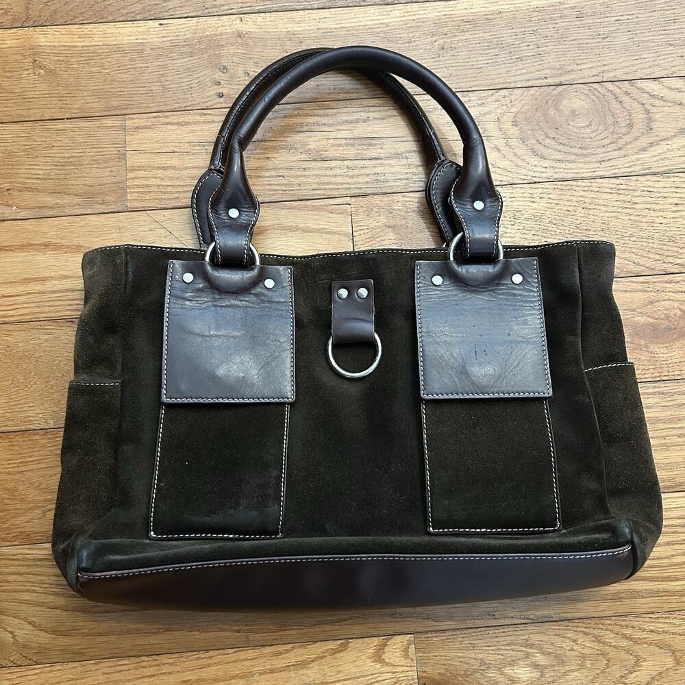 Levenger Brown Suede Leather Contrast Tote Handbag Purse Bag